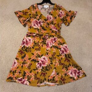 EUC Donna Morgan Floral Midi Wrap Dress | Mustard Yellow | Women’s 14 / XL